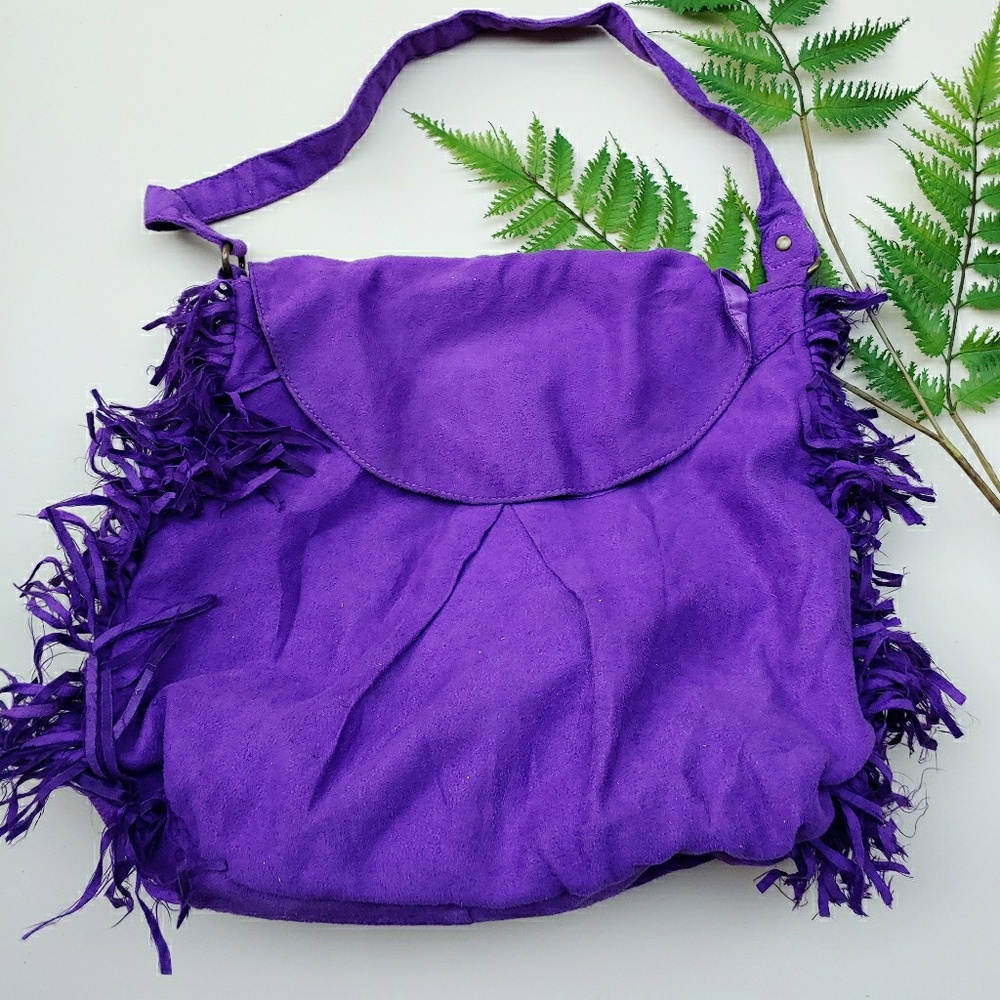 Purple vegan faux suede fringe boho bag